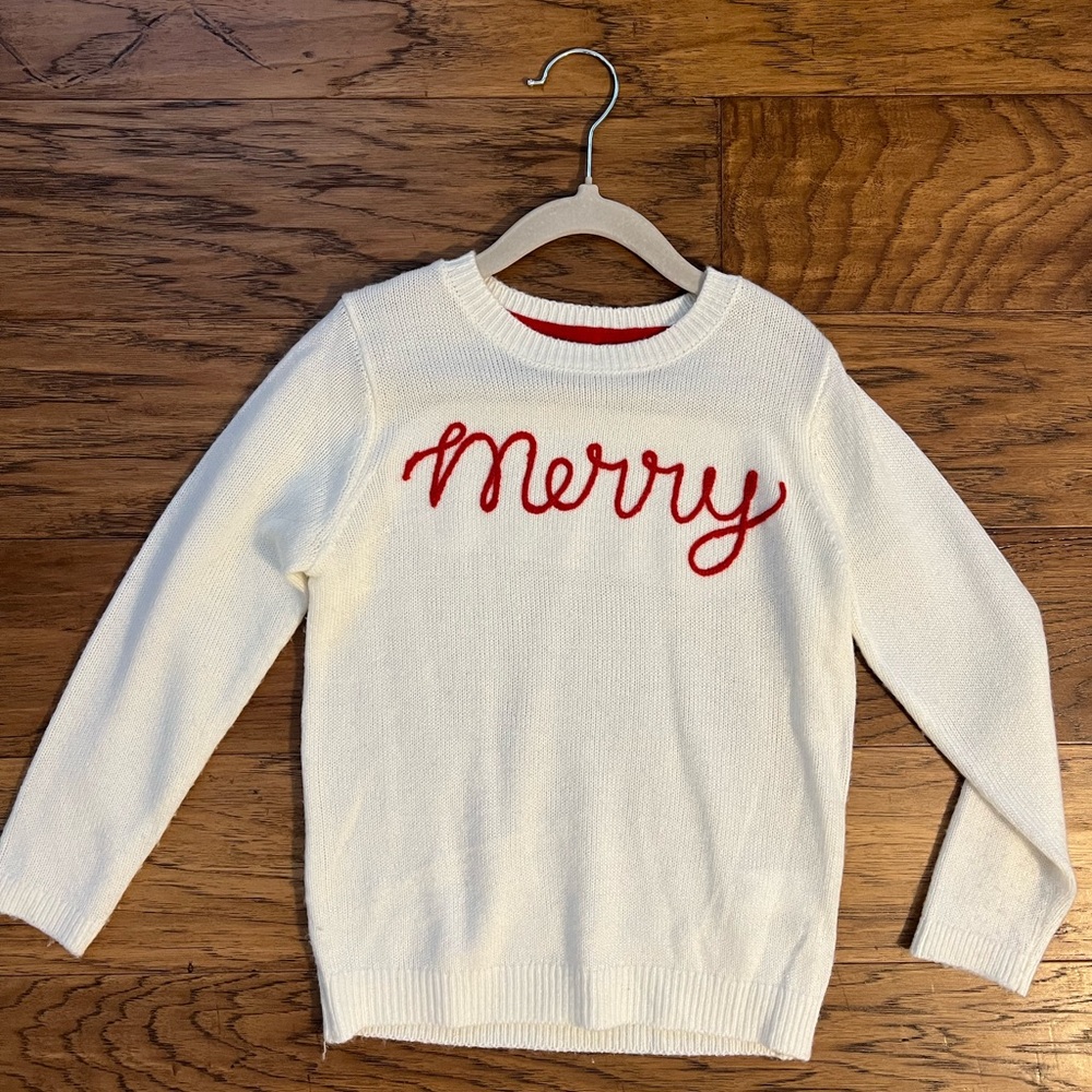 Kids White Sweater with Red 'Merry' Embroidery